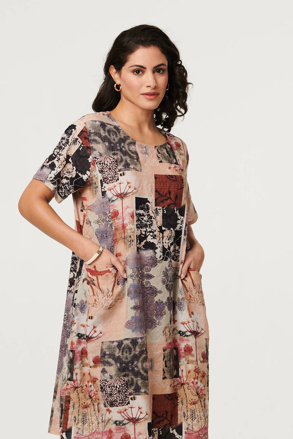 Beige | Patchwork Print Short Shift Dress