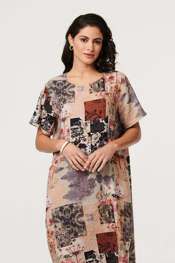 Beige | Patchwork Print Short Shift Dress
