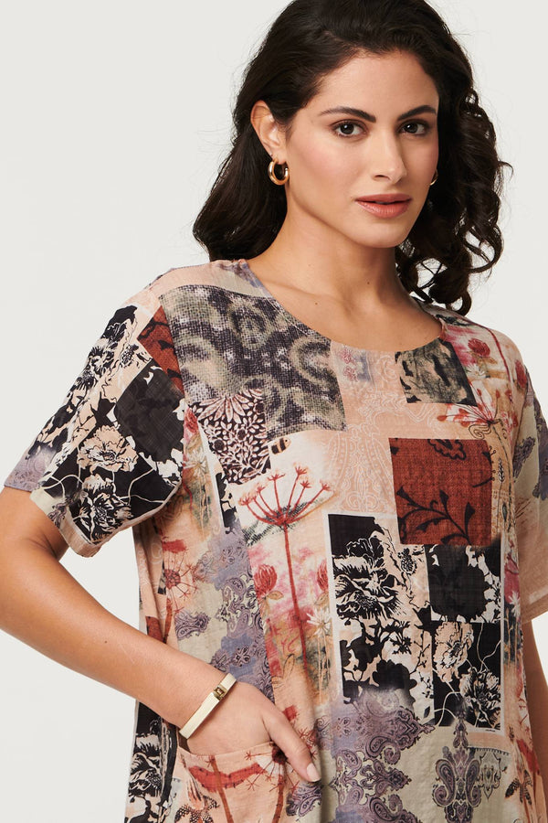 Beige | Patchwork Print Short Shift Dress