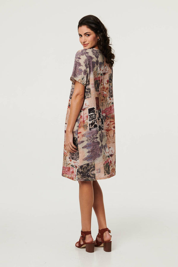 Beige | Patchwork Print Short Shift Dress