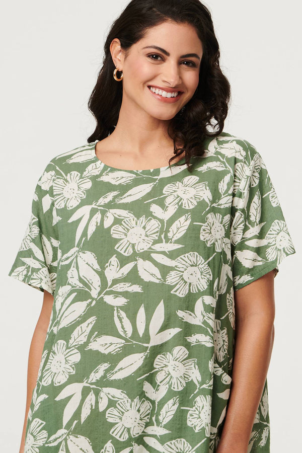 Sage | Leaf Print Short Sleeve Short Dress