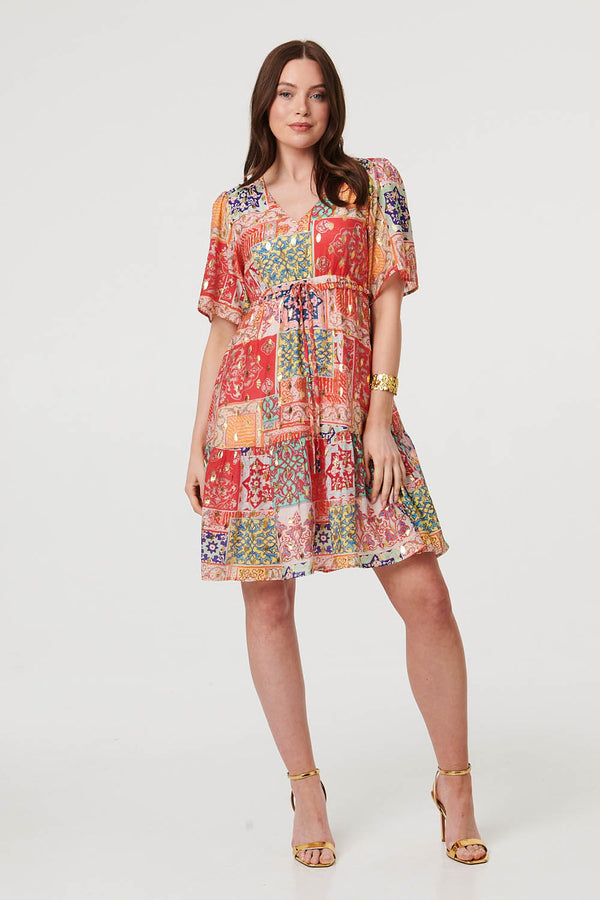 Red | Patchwork 1/2 Sleeve Knee Length Dress