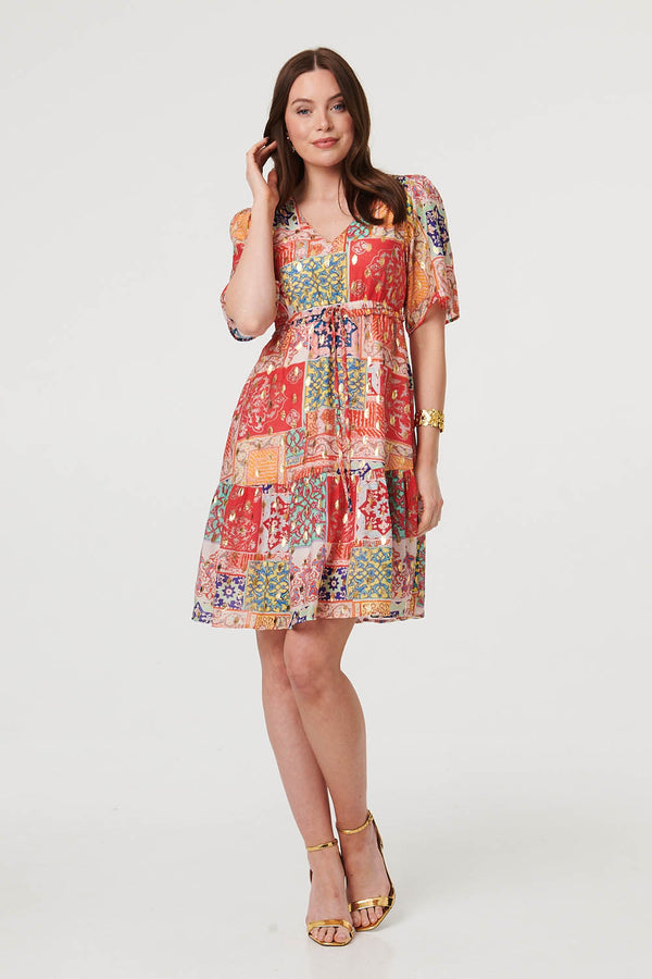 Red | Patchwork 1/2 Sleeve Knee Length Dress