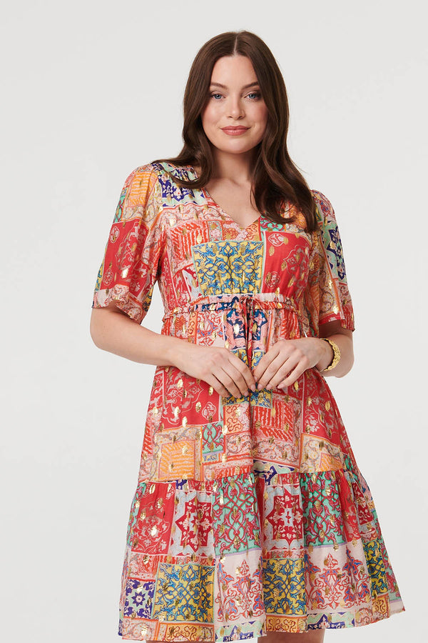 Red | Patchwork 1/2 Sleeve Knee Length Dress