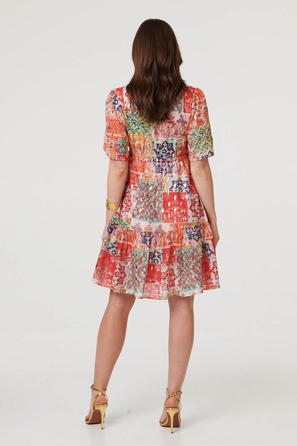 Red | Patchwork 1/2 Sleeve Knee Length Dress