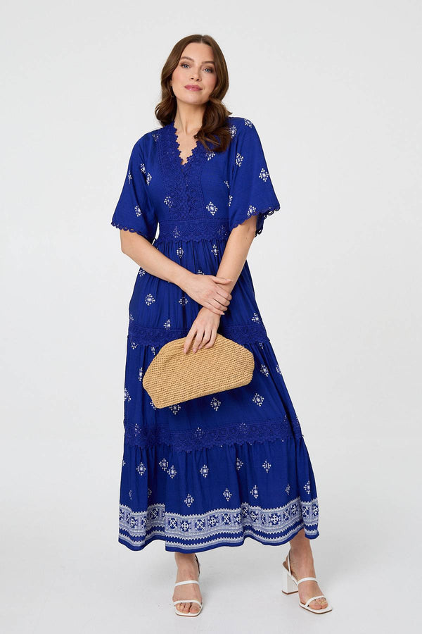 Blue | Border Print 1/2 Sleeve Maxi Dress
