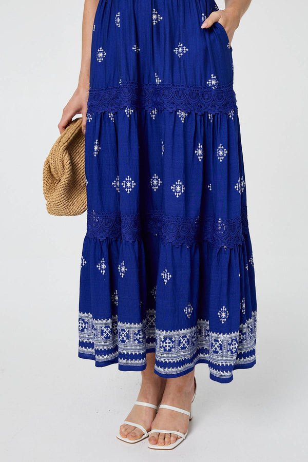 Blue | Border Print 1/2 Sleeve Maxi Dress