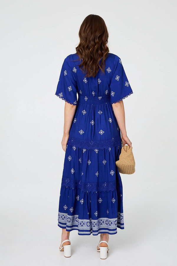 Blue | Border Print 1/2 Sleeve Maxi Dress