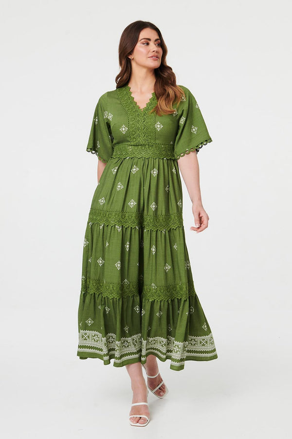 Sage | Border Print 1/2 Sleeve Maxi Dress
