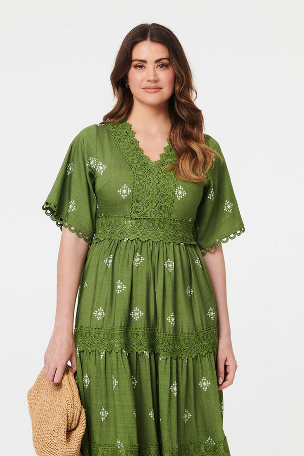 Sage | Border Print 1/2 Sleeve Maxi Dress