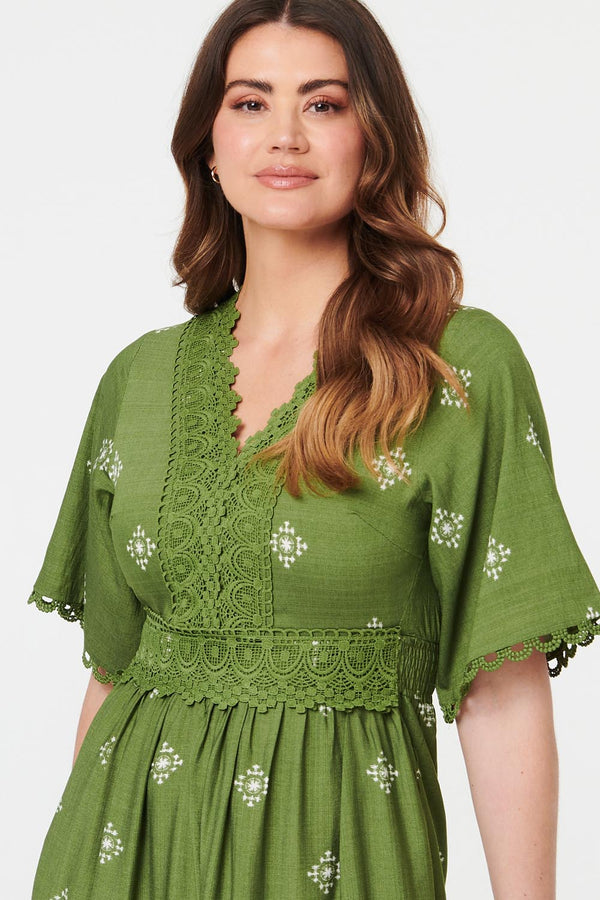 Sage | Border Print 1/2 Sleeve Maxi Dress