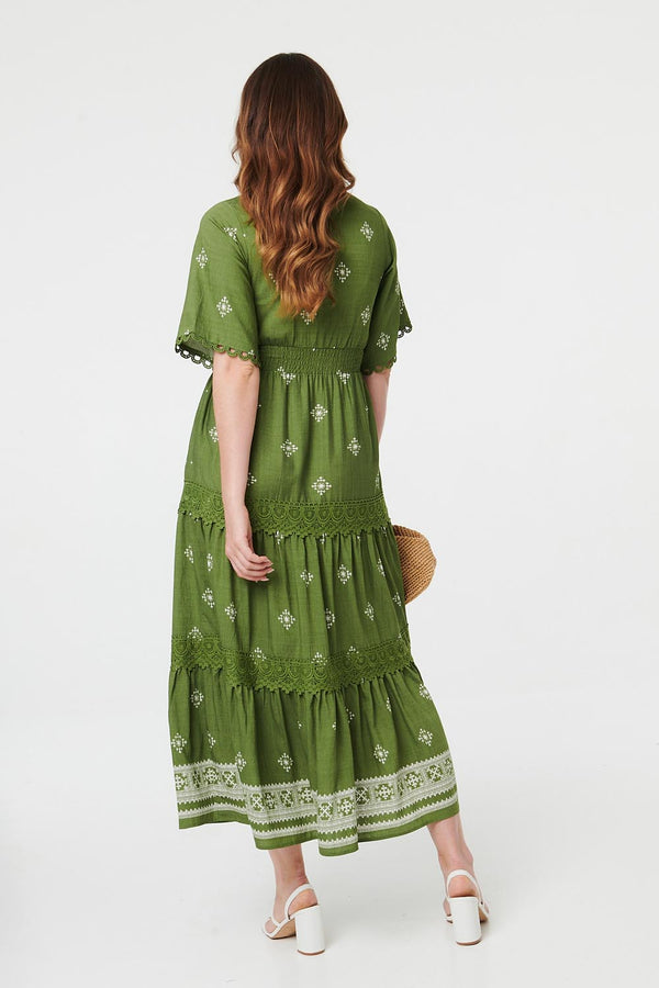 Sage | Border Print 1/2 Sleeve Maxi Dress