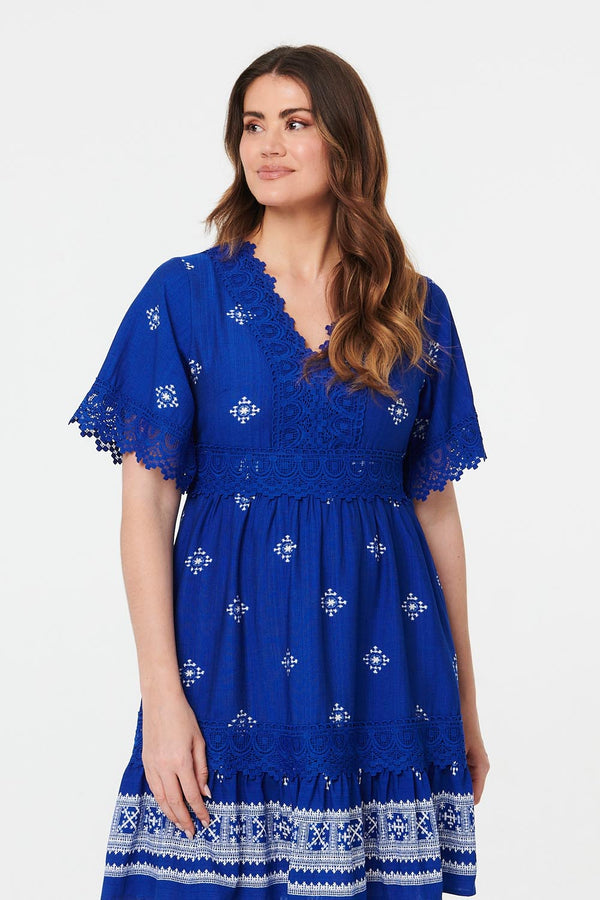 Blue | Border Print Lace 1/2 Sleeve Short Dress