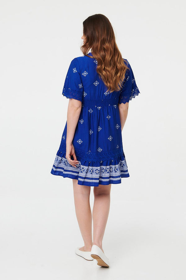 Blue | Border Print Lace 1/2 Sleeve Short Dress