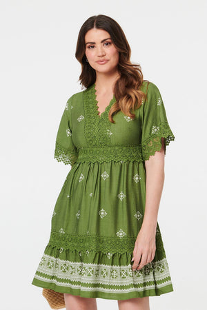 Sage | Border Print Lace 1/2 Sleeve Short Dress