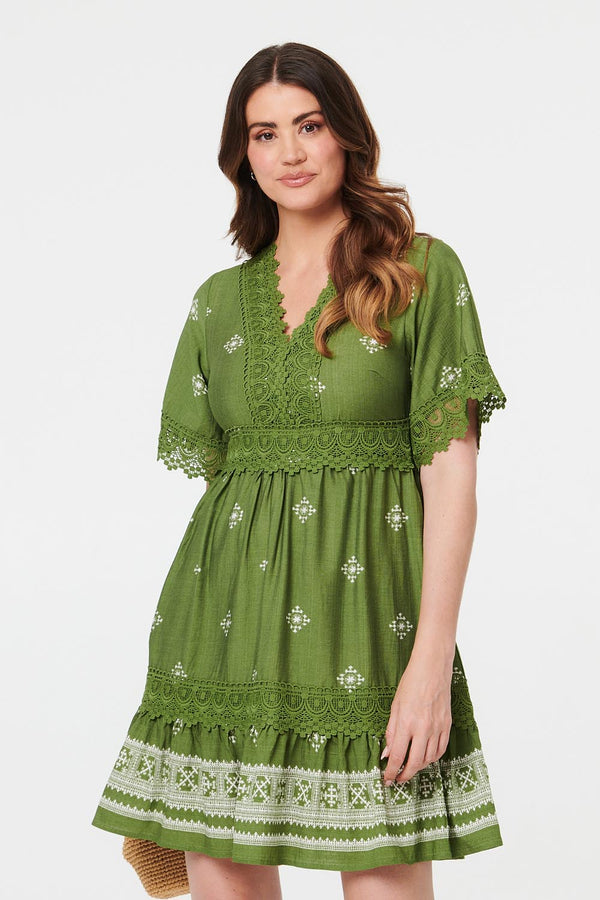 Sage | Border Print Lace 1/2 Sleeve Short Dress