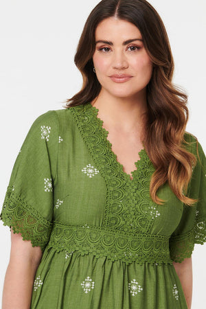 Sage | Border Print Lace 1/2 Sleeve Short Dress