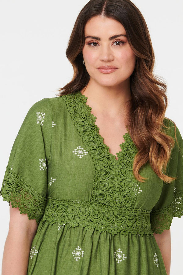 Sage | Border Print Lace 1/2 Sleeve Short Dress