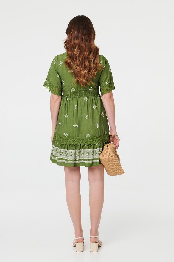 Sage | Border Print Lace 1/2 Sleeve Short Dress