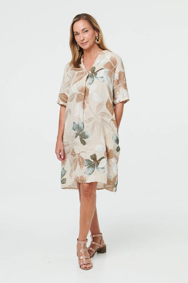 Linen | Leaf Print Shift Knee Length Dress