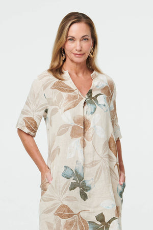 Linen | Leaf Print Shift Knee Length Dress