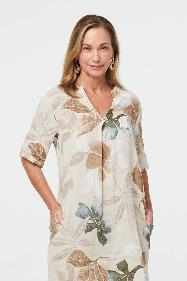 Linen | Leaf Print Shift Knee Length Dress