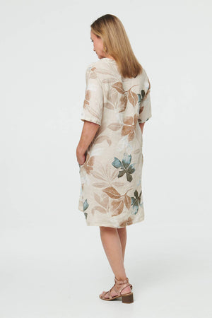 Linen | Leaf Print Shift Knee Length Dress