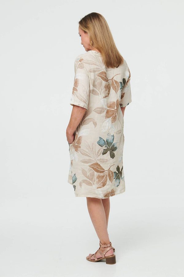 Linen | Leaf Print Shift Knee Length Dress