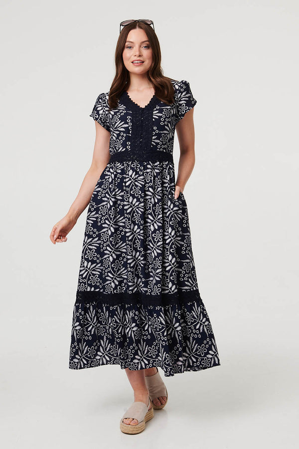 Navy | Leaf Print Lace Trim V-Neck Midi Dress