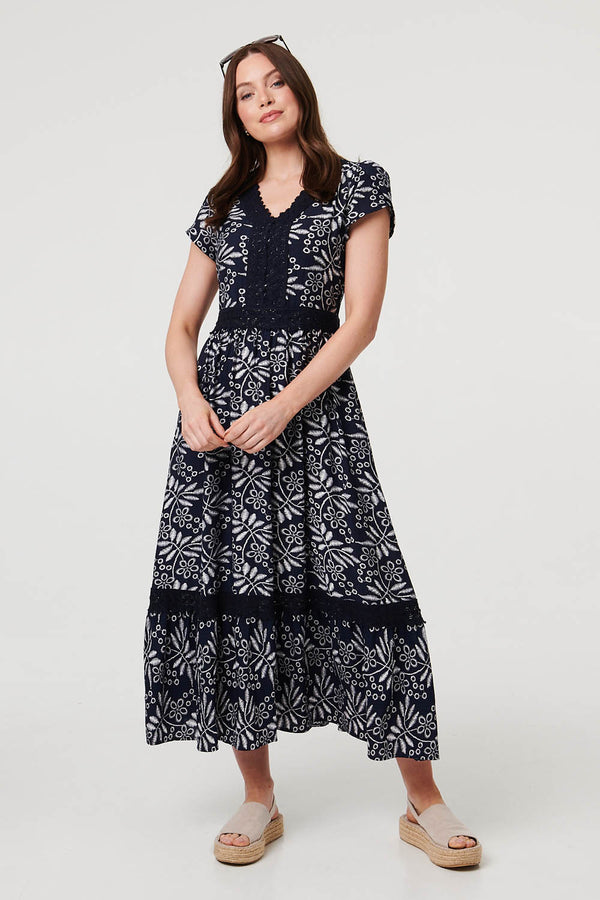 Navy | Leaf Print Lace Trim V-Neck Midi Dress