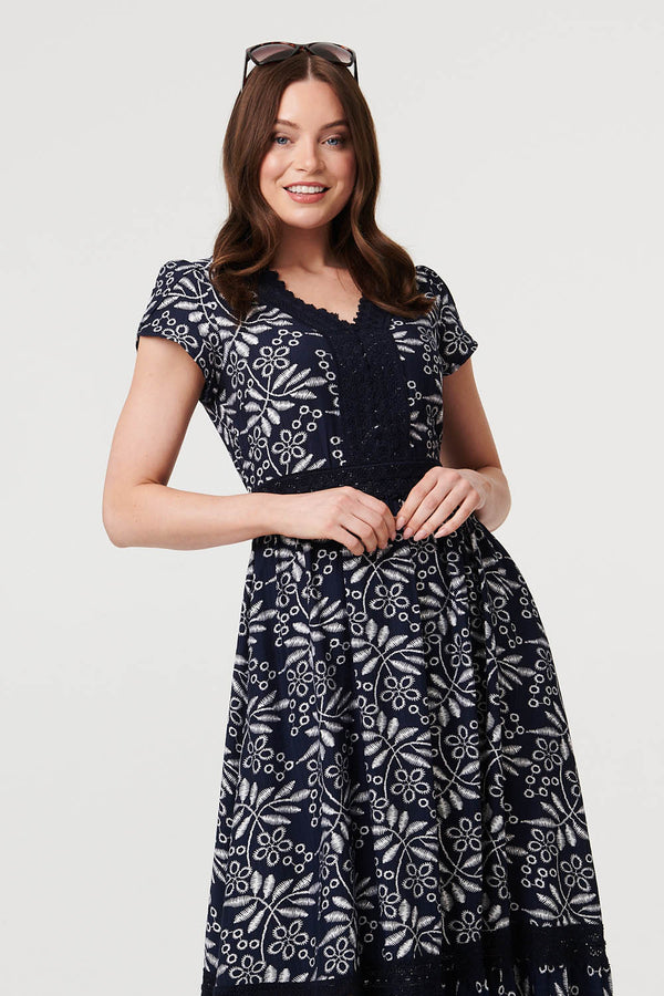 Navy | Leaf Print Lace Trim V-Neck Midi Dress