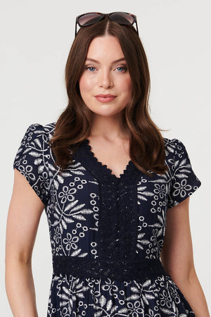 Navy | Leaf Print Lace Trim V-Neck Midi Dress