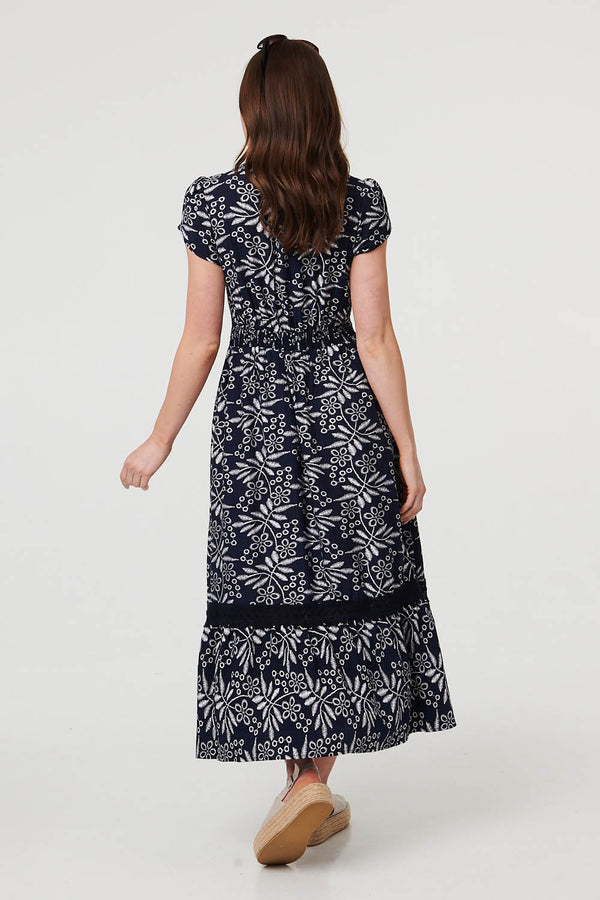 Navy | Leaf Print Lace Trim V-Neck Midi Dress