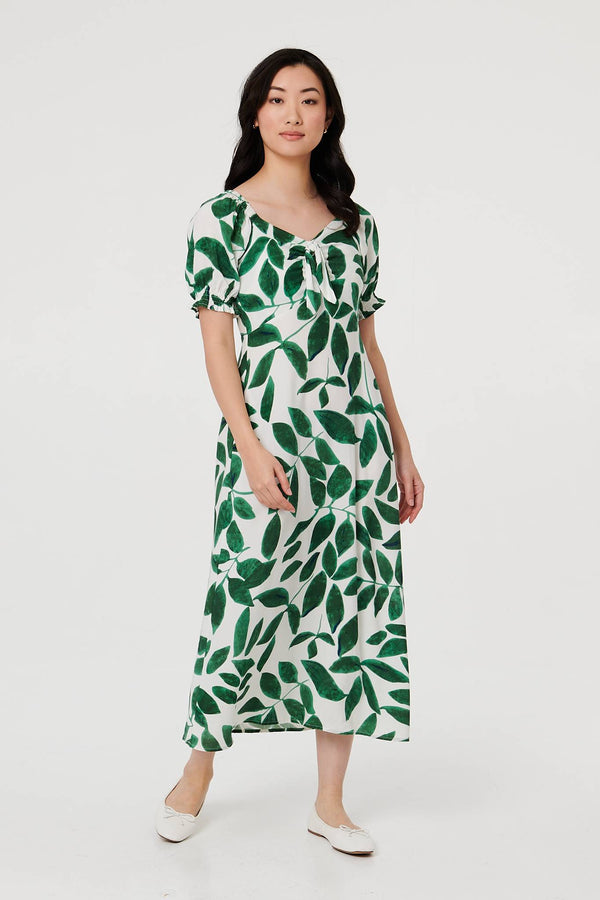 Green | Leaf Print Tie Front A-Line Midi Dress