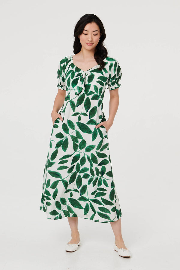 Green | Leaf Print Tie Front A-Line Midi Dress