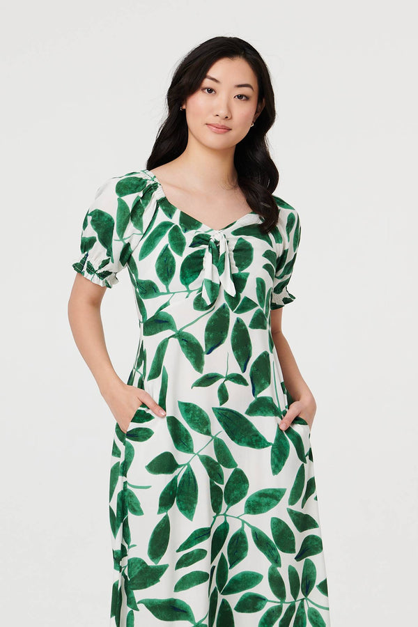 Green | Leaf Print Tie Front A-Line Midi Dress