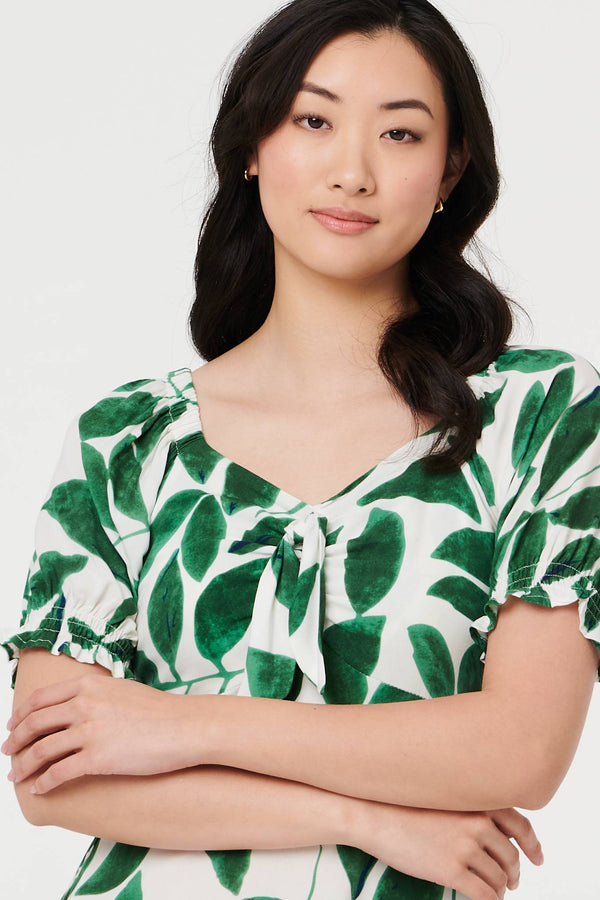 Green | Leaf Print Tie Front A-Line Midi Dress