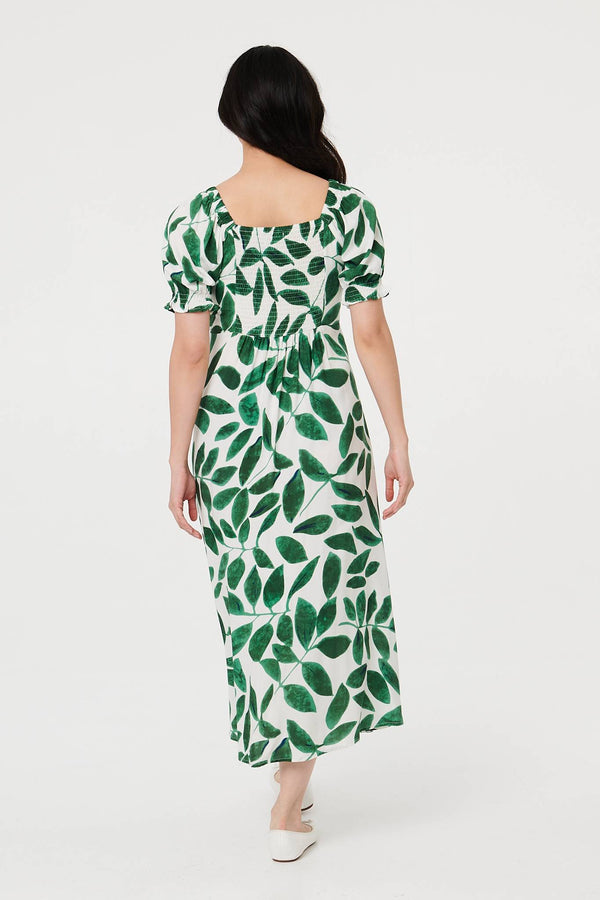 Green | Leaf Print Tie Front A-Line Midi Dress
