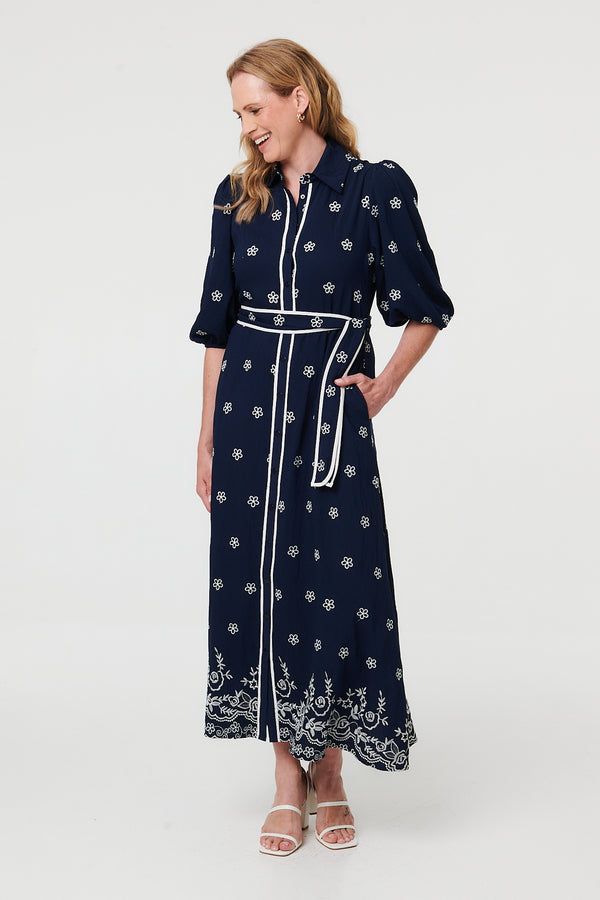 Navy | Embroidered Texture Tie Waist Maxi Dress