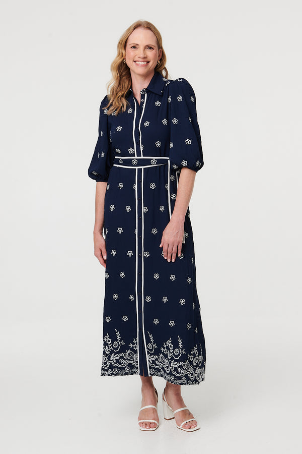 Navy | Embroidered Texture Tie Waist Maxi Dress