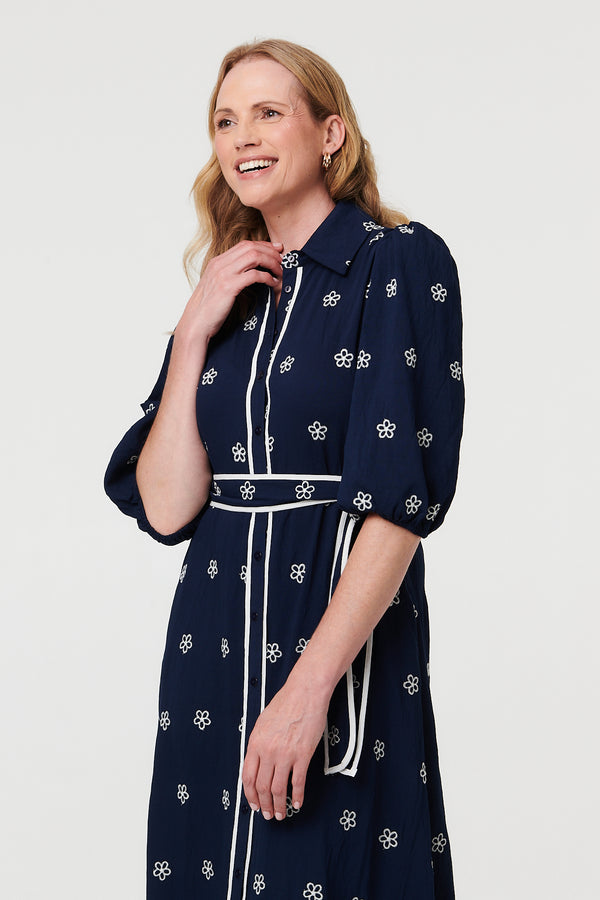 Navy | Embroidered Texture Tie Waist Maxi Dress