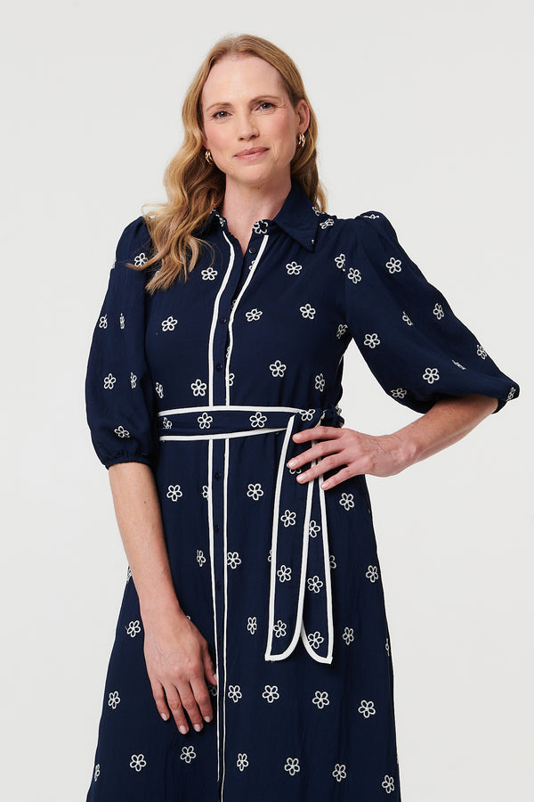 Navy | Embroidered Texture Tie Waist Maxi Dress