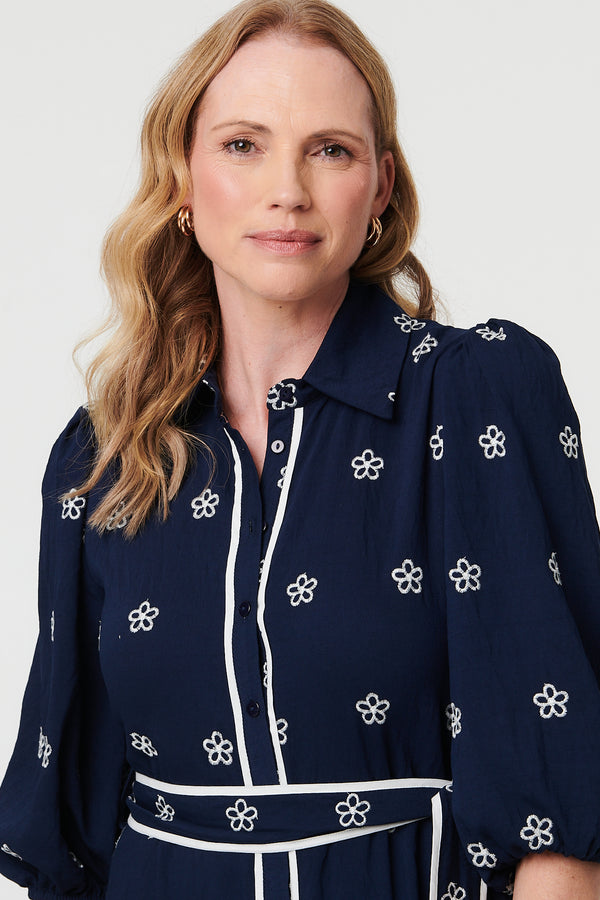 Navy | Embroidered Texture Tie Waist Maxi Dress