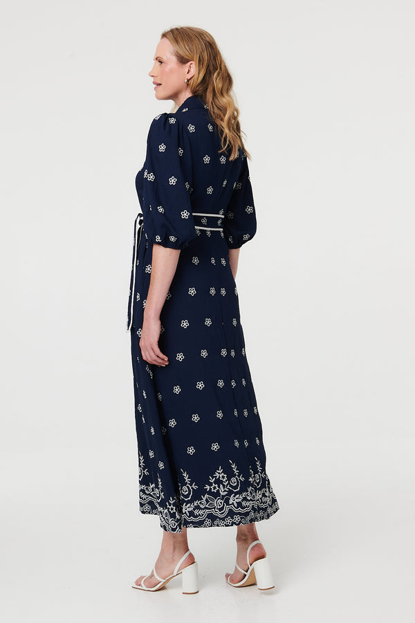 Navy | Embroidered Texture Tie Waist Maxi Dress