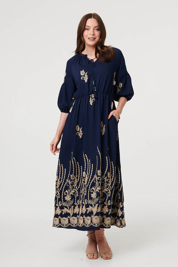 Navy | Floral Embroidered 3/4 Sleeve Maxi Dress