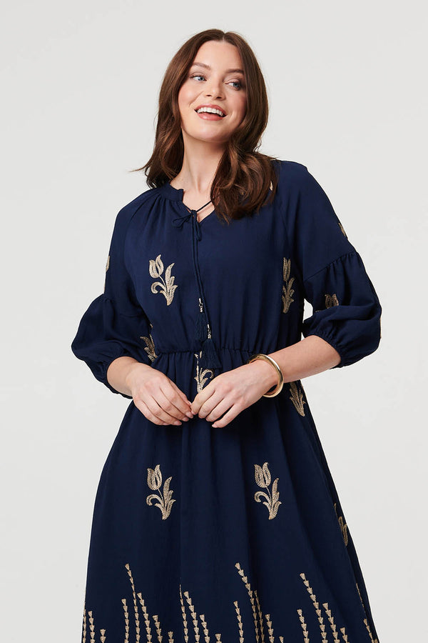 Navy | Floral Embroidered 3/4 Sleeve Maxi Dress
