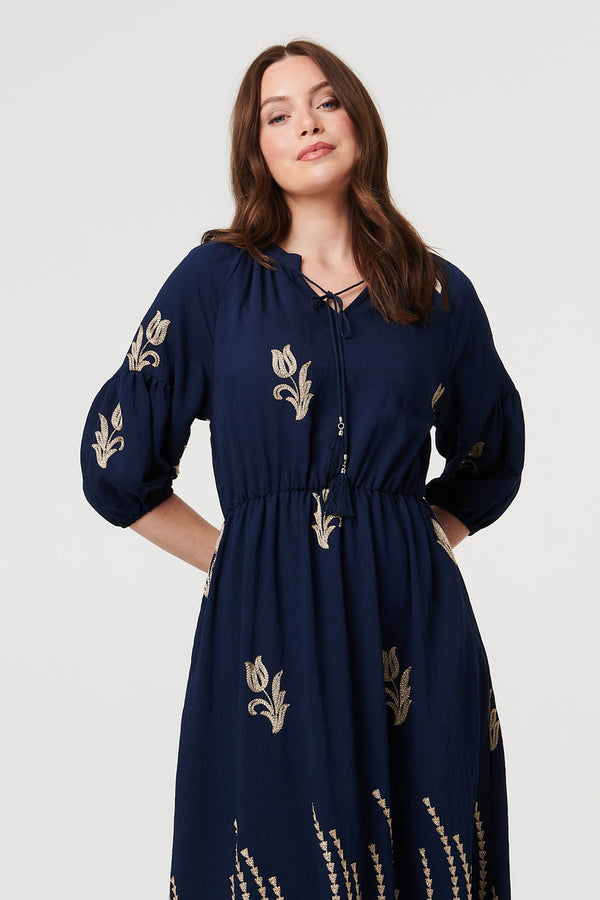 Navy | Floral Embroidered 3/4 Sleeve Maxi Dress
