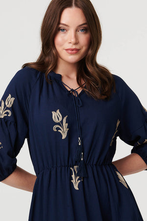 Navy | Floral Embroidered 3/4 Sleeve Maxi Dress