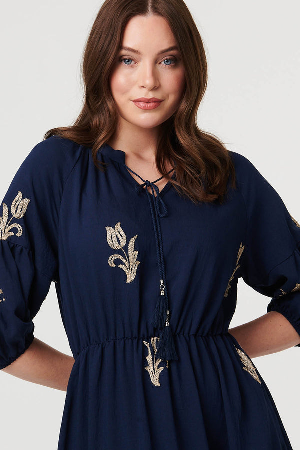 Navy | Floral Embroidered 3/4 Sleeve Maxi Dress