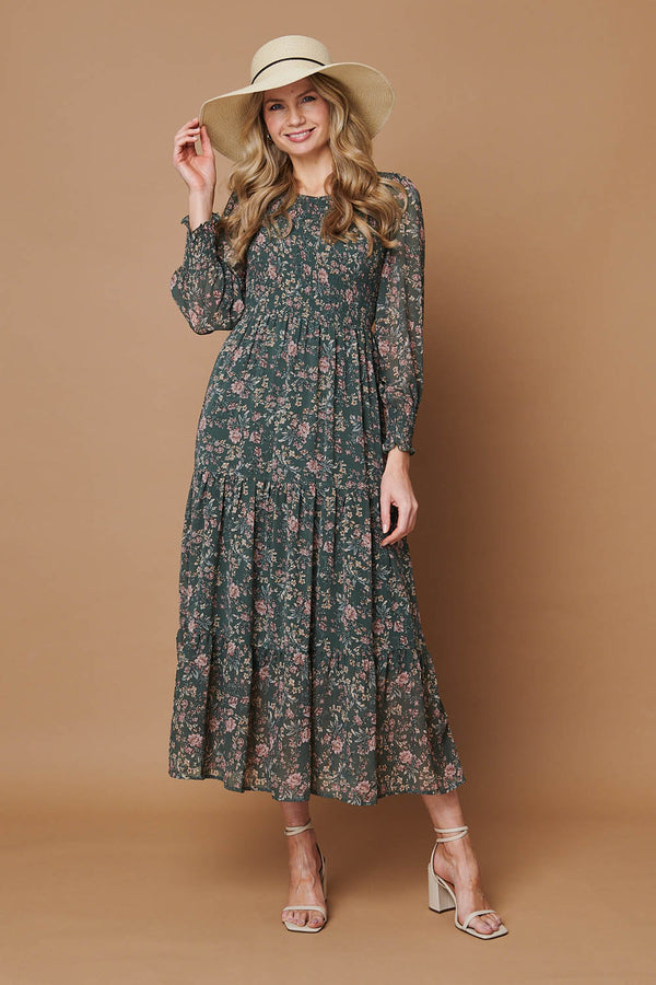 Sage | Ditsy Floral Long Sleeve Midi Dress